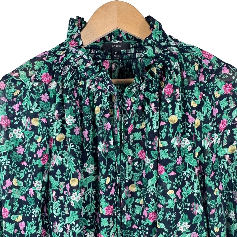 J.Crew Floral Smocked Ruffle Neck Chiffon Lined Blouse Womens M Navy Blue